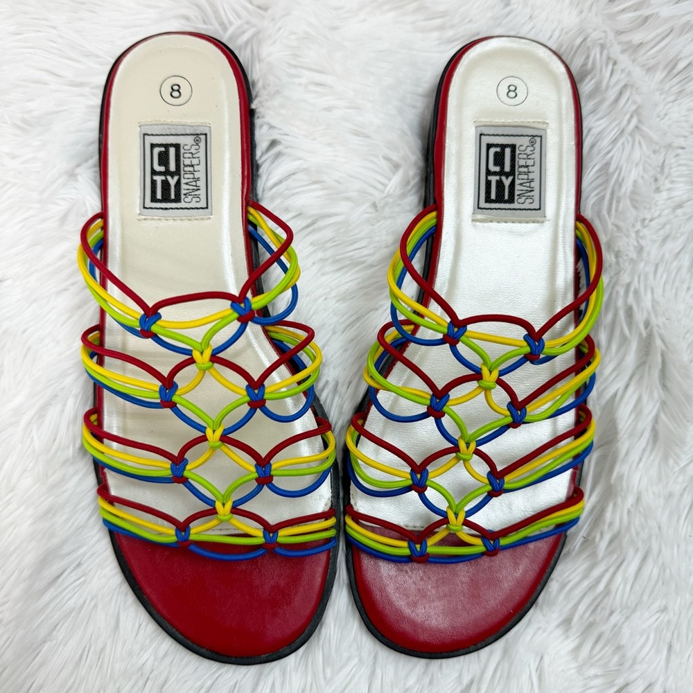 Vintage 80s City Snappers Primary Colors Strappy Stretch Elastic Flat Sandels